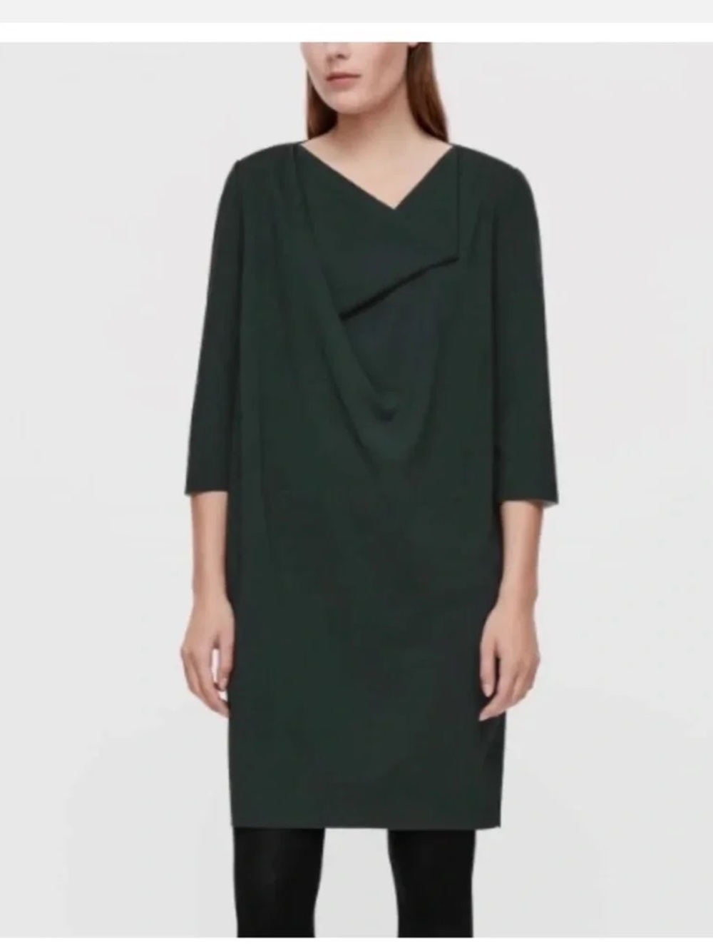 COS S Minimalist Drape Cowl Neck Shift Dress Structural Modern Raw Hem Office